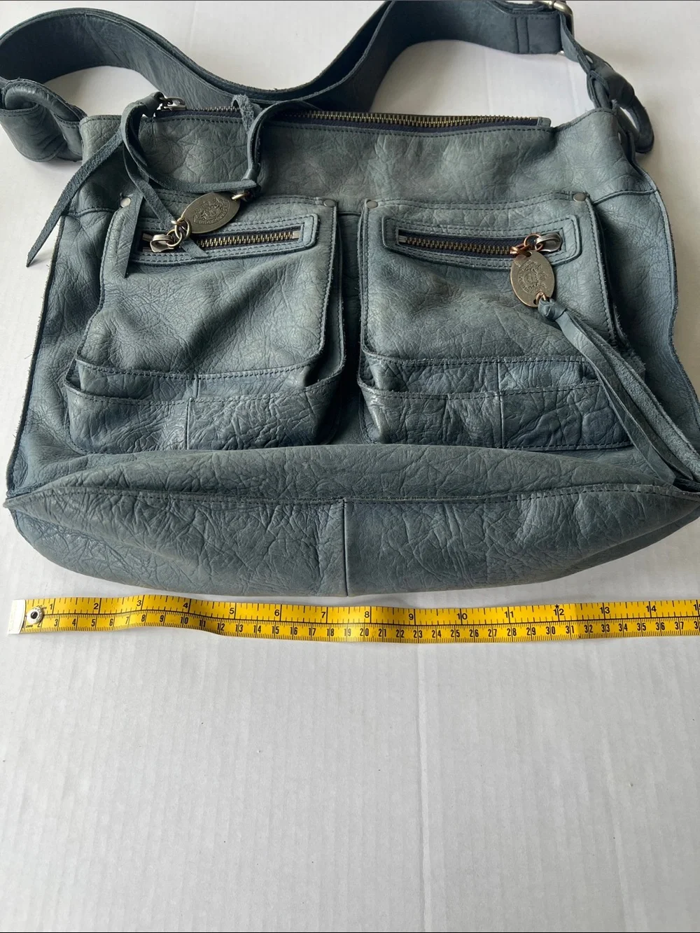 Juicy Couture vintage blue cowhide leather shoulder bag Y2K Indie aesthetic